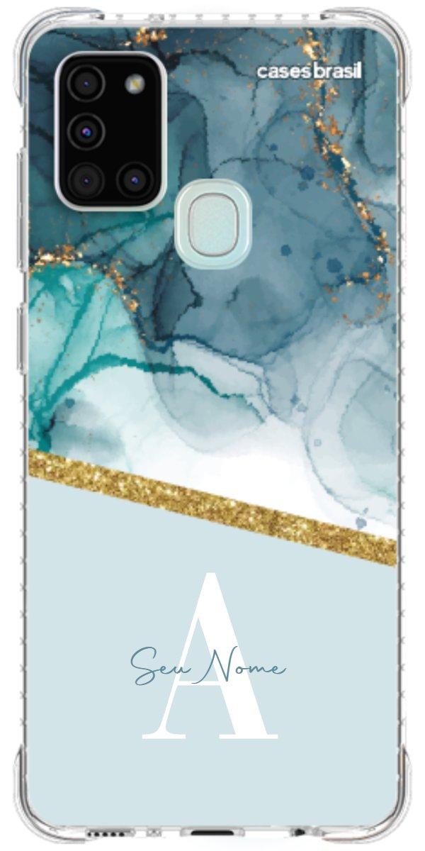 Capinha para Celular Mármore Aqua Dourada